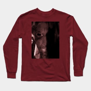 Portrait, digital collage, special processing. Scary face of man. Maniac. Desaturated red. Long Sleeve T-Shirt